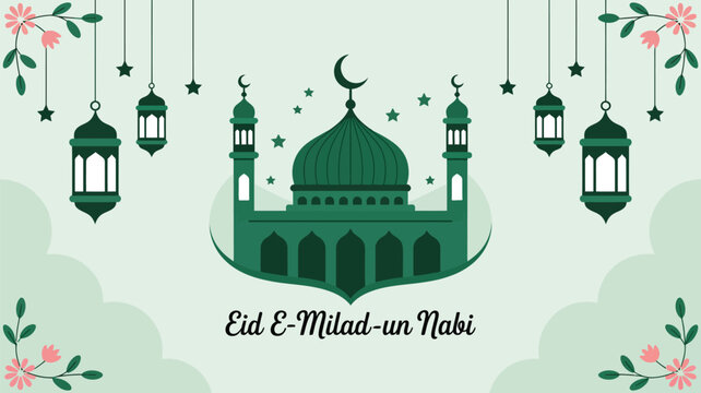 A serene eid milad un nabi illustration featuring a mosque and hanging lanterns