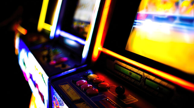 joystick. Arcade corner with glowing neon lights and illuminated buttons in dark setting. tutorial guides, club newsletters, designed for tourism and weekend activity guides.
