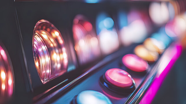 joystick. Arcade corner with glowing neon lights and illuminated buttons in dark setting. tutorial guides, club newsletters, designed for tourism and weekend activity guides.
