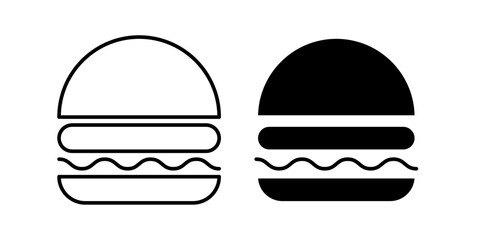 Fototapeta premium Burger icon in stroke and solid fill style, displayed in black on white background. Ideal for fast food, restaurant menus, takeaway services, and food-related interfaces.
