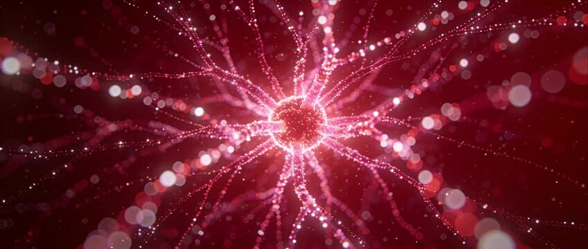 Abstract technology background digital particle line red light wave energy glowing network pattern futuristic neuron connection science background medical concept dynamic data network neon bokeh