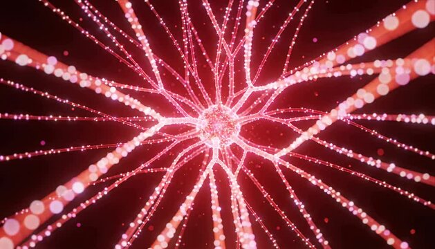 Neural network data flow digital connection abstract technology background glowing neuron network abstract neural connection digital particle red light medical science artificial intelligence nervous