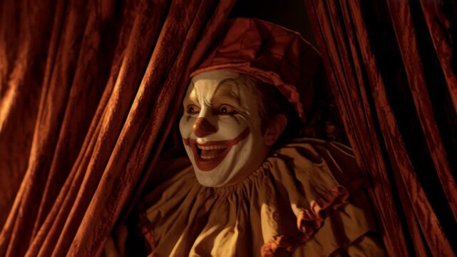 Creepy clown peeking through red stage curtains and smiling in a dark theater