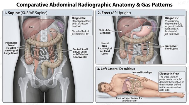 Medical illustration of human abdominal anatomy in supine, erect and left lateral decubitus positions for radiographic analysis