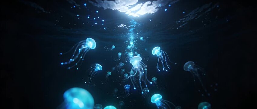 Jellyfish underwater glowing blue ocean deep sea light swarm fantasy dreamy luminous glow dark water mysterious nature scene serene magical marine surreal art bioluminescent creature ambient
