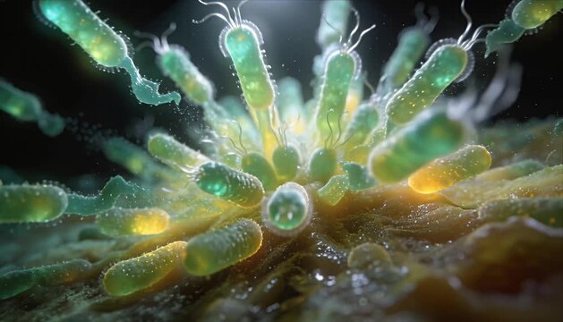 Glowing bacteria microbe colony explosion, magnified microscopic organism divide rapidly under microscope, vivid green yellow cell cluster spreads in smooth organic texture scientific biology scene