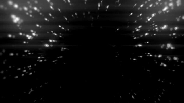 Abstract streaks of white light accelerate towards the viewer against a deep black void, suggesting speed and motion.