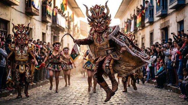 Bolivian Diablada dancers perform with elaborate costumes on cobblestone street