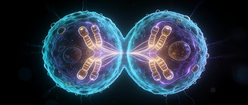 Futuristic cell division glowing chromosome digital biology art abstract science background neon microscopic sphere fantasy mitosis energetic cosmic vibrant detailed genetic concept medical research