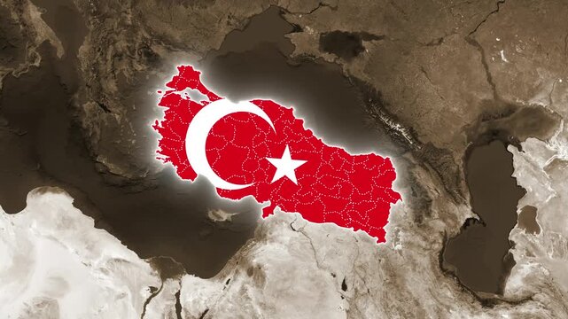 Turkey map animation with national flag overlay and glowing provincial borders