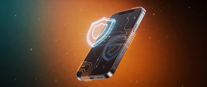 Futuristic smartphone digital shield cyber security data protection mobile device network technology glowing circuit secure connection privacy concept secure smartphone orange background 3d render