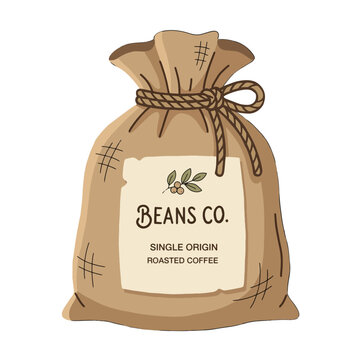 Burlap coffee bean sack vector illustration, rustic single origin coffee packaging
