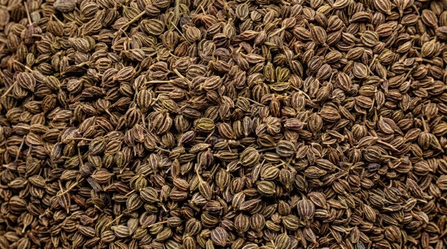 Macro top down view of organic dried ajwain seeds texture background featuring brown ribbed culinary spices used for traditional indian cooking and healthy recipes