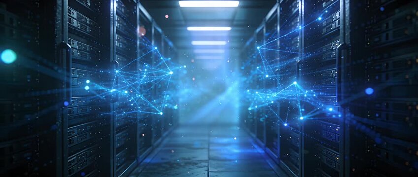 Futuristic data center server rack corridor network connection glow digital energy light technology smooth abstract geometry secure storage innovation cyber security cloud computing modern