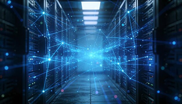 Futuristic data center network server digital connection blue light technology innovation cyber virtual communication cloud storage corridor with glowing network connections smooth light trails