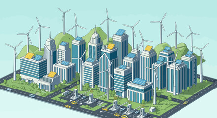 Obraz premium Sustainable Smart City with Renewable Energy, Solar Panels and Wind Turbines Isometric Illustration