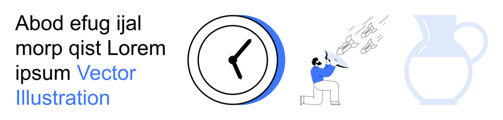 Time management, creativity, design, abstract concepts, artistic expression, visual media. Clock icon, person blowing notes jug outline and placeholder text. Time management and creativity concept © robu_s