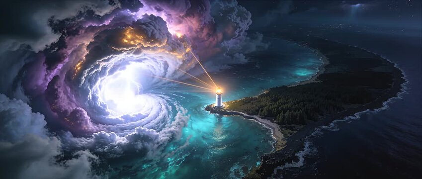 Surreal storm lighthouse fantasy ocean coastline glowing vortex sky dramatic night seascape magical light beam moody thundercloud mystical island landscape dreamlike atmosphere epic fantasy art