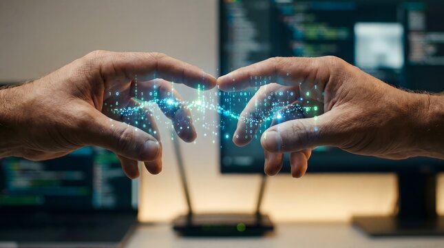 Fingers touching with digital data stream and binary code