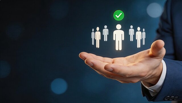 Human resources concept showing hand holding selected candidate icon with green checkmark, recruitment process, hiring employee, talent management, team building, leadership