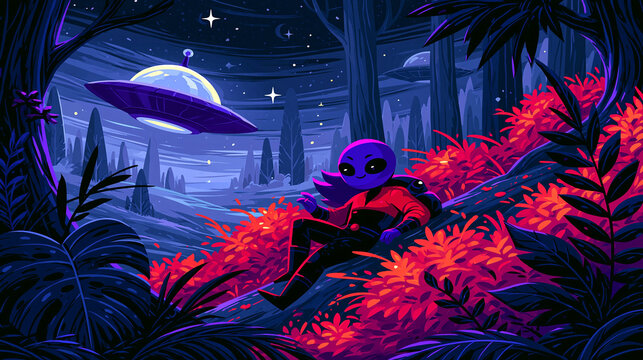 Pixel art alien relaxing in psychedelic neon forest with ufo and moon at night, science fiction