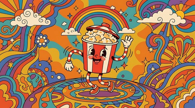 Retro 1970s popcorn bucket mascot dancing under rainbow