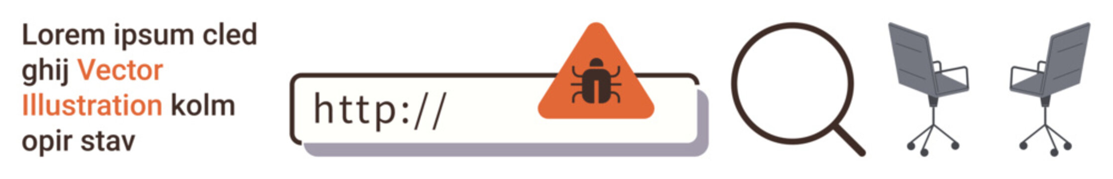 Cybersecurity, online safety, malware protection, internet browsing, corporate settings, digital alerts. Visual of a search bar with a bug warning icon and office chairs. Cybersecurity and online