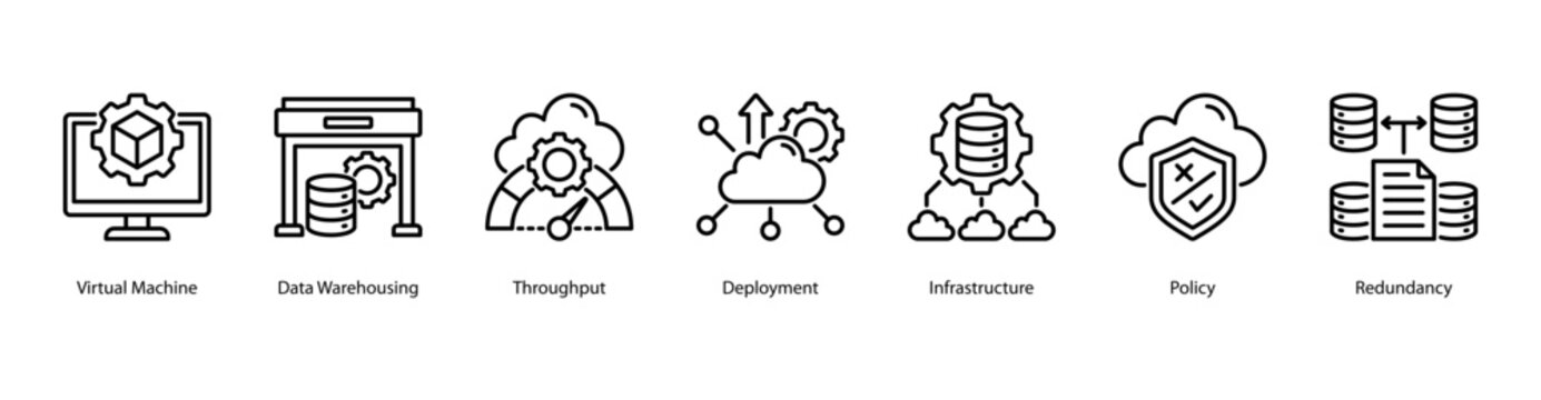 Virtual Infrastructure web banner icon vector illustration featuring Virtual Machine, Data Warehousing, Throughput, Deployment, Infrastructure, Policy, and Redundancy.