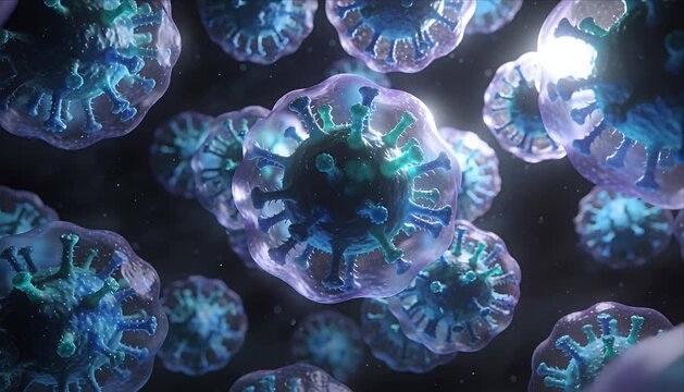 3d virus particle closeup blue microscopic pathogen cell medical microbiology illustration abstract background with glowing floating germ science research concept floating virus particle closeup blue