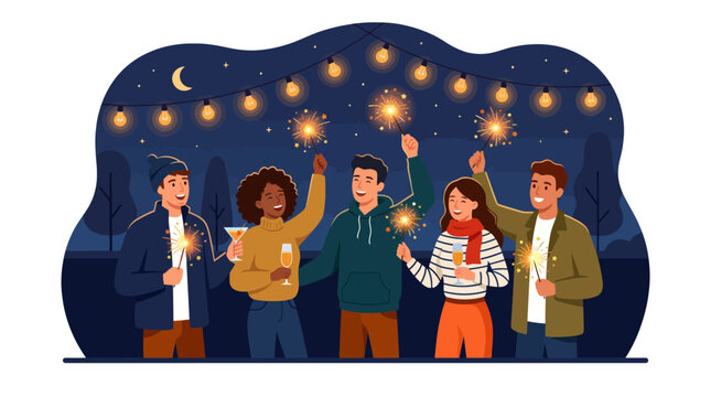 Diverse group celebrating with sparklers under string lights at night festive outdoor party concept isolated on white background.