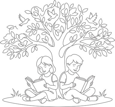Two kids reading books under a tree