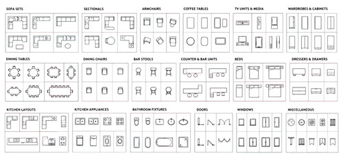 Architectural floor plan furniture symbols, interior design vector icons for room layout, modern home furnishing top view set for blueprints © ya Allah madad