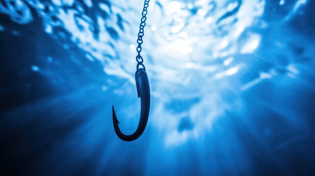 limnetic. Close-up of a metallic fish hook submerged in clear blue water. wildlife magazines, conservation campaigns, designed for eco-tourism storytelling, celebrates biodiversity.