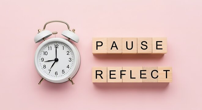 Mindfulness concept, classic alarm clock beside wooden spelling pause and reflect, symbol of slowing down