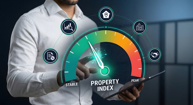 Businessman analyzing property index gauge on tablet for real estate market trends investment risk assessment valuation and housing market performance dashboard and proptech analytics platform