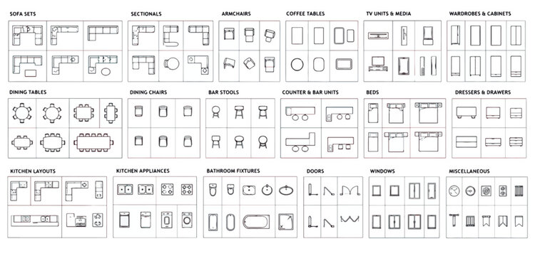 Architectural floor plan furniture symbols, interior design vector icons for room layout, modern home furnishing top view set for blueprints