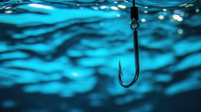 limnetic. Close-up of a metallic fish hook submerged in clear blue water. wildlife magazines, conservation campaigns, designed for eco-tourism storytelling, celebrates biodiversity.