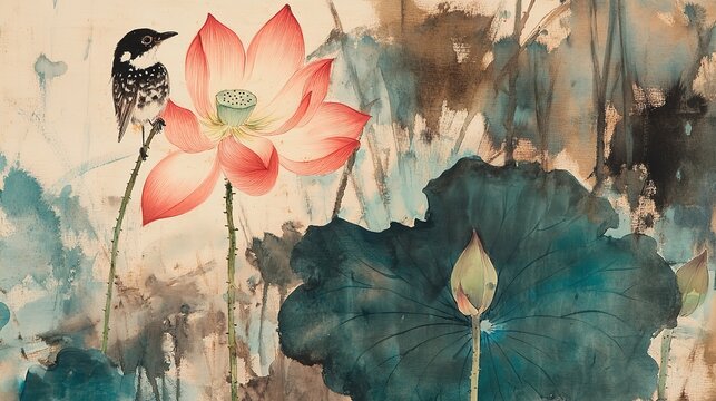 Vertical ink wash painting natural scene birds lotus small bird black white speckled head back white belly perched thin green stem upper left looking down large red lotus flower multiple petals left s