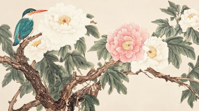 Vertical ink watercolor traditional east Asian style two kingfisher birds lush foliage upper portion large blooming pink white peonies green leaves dark brown branches top right to middle middle left 