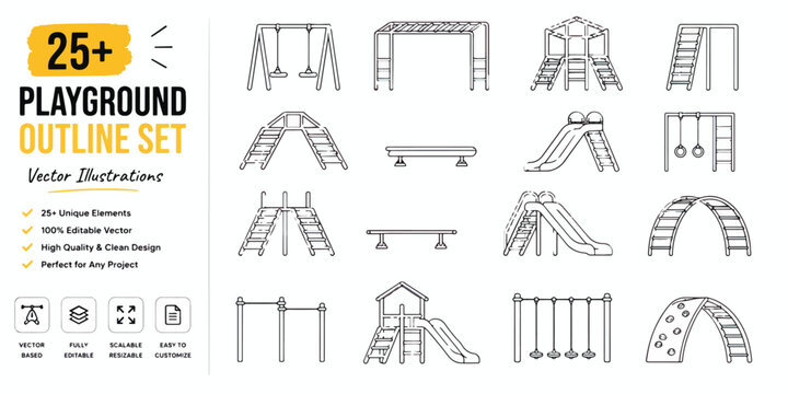 Playground outline set with 25 plus vector icons, minimalist park equipment line art collection, outdoor play area elements for landscape design