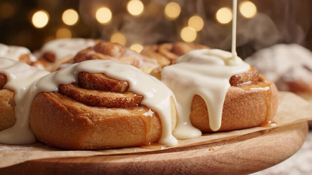 Cinnamon rolls with icing on wooden board ideal for creative backgrounds and modern web design
