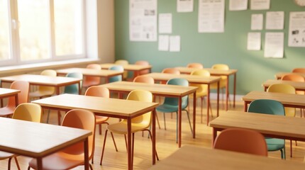 Fototapeta premium Empty classroom with rows of wooden desks and colorful chairs against a green wall with white paper notices under bright window light