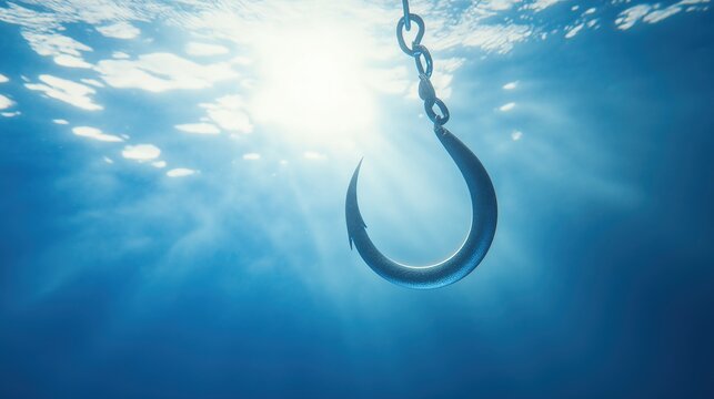 limnetic. Close-up of a metallic fish hook submerged in clear blue water. wildlife magazines, conservation campaigns, designed for eco-tourism storytelling, celebrates biodiversity.