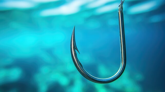 limnetic. Close-up of a metallic fish hook submerged in clear blue water. wildlife magazines, conservation campaigns, designed for eco-tourism storytelling, celebrates biodiversity.