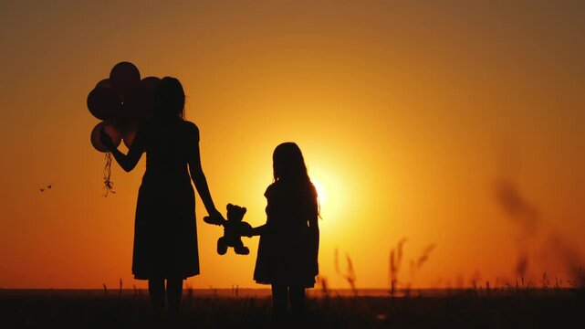Silhouette of mother and daughter holding balloons and teddy bear against golden sunset sky in nature.