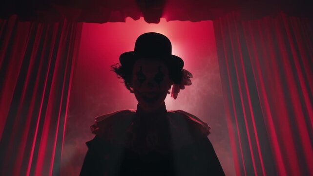 Creepy clown standing on dark theatre stage behind red curtains in fog