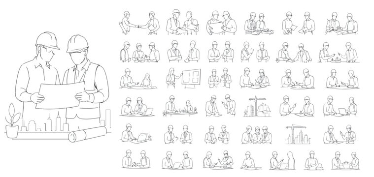 Continuous line drawing of construction engineers and architects, set of 40 icons showing builders and contractors, minimal vector line art of industrial workers