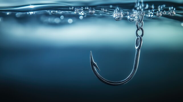 limnetic. Close-up of a metallic fish hook submerged in clear blue water. wildlife magazines, conservation campaigns, designed for eco-tourism storytelling, celebrates biodiversity.