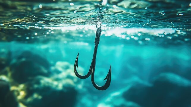 limnetic. Close-up of a metallic fish hook submerged in clear blue water. wildlife magazines, conservation campaigns, designed for eco-tourism storytelling, celebrates biodiversity.