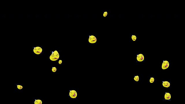 4K Partying Face Emoji Bubble Particles Floating on Black Background . 10-sec Animated Birthday Horn Blowing Celebration Loop